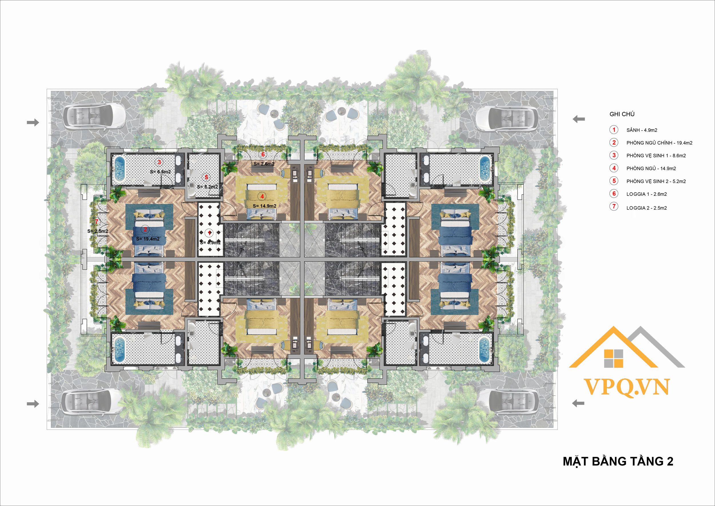 Layout tầng 2 biệt thự tứ lập - Sun Tropical Village
